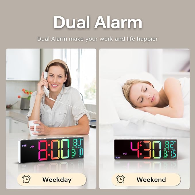 JALL 10.5'' Large Digital Alarm Clock with Big LED Number, Remote Control, RGB Colors,Timer, Dual Alarm, Temperature for Back to School Classroom, Bedroom, Living Room, Gift for Senior Student Teacher