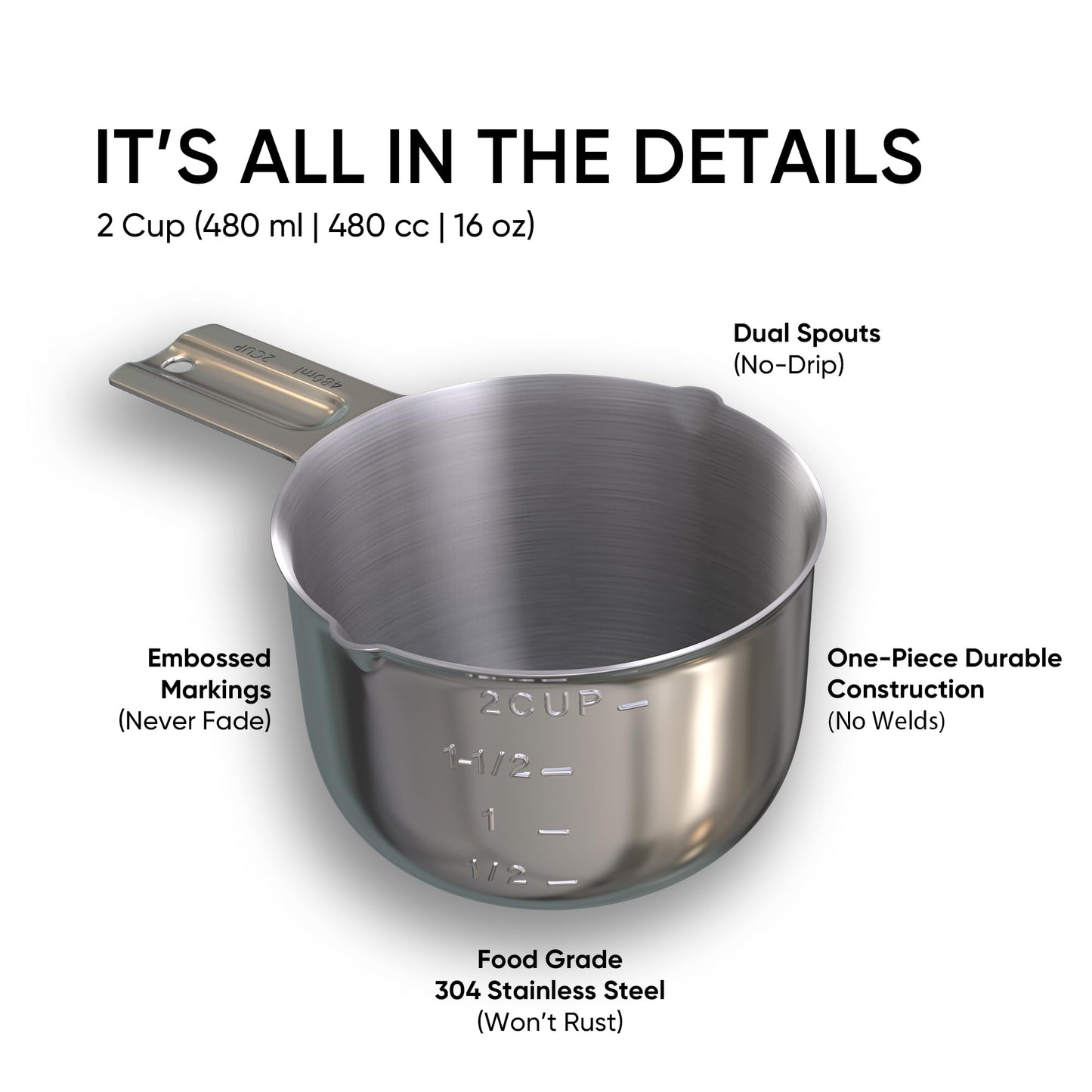 Color Up Measuring Cup Set, Stainless Steel 1 Cup (240ml) & 2 Cup (480ml) Scoops with Engraved Markings, Dual Pour Spouts, Flat Base, Dishwasher Safe for Dry and Liquid Ingredients