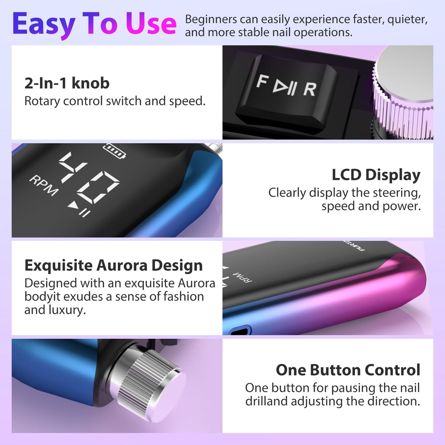PURTATO Professional Nail Drill 40,000 RPM, Rechargeable,LCD Display E File Machine for Acrylic Nails Gel Polishing Removing Portable Nails Efile Tools for Manicure Salon & Home (Blue&Purple)