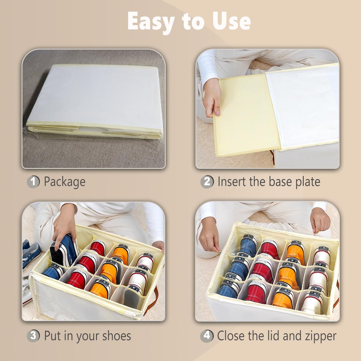 Patinao 2 Pack Shoe Storage Box Organizer for Closet - 24 Cell Space Saver Shoes Containers Bin with Clear Lids Stackable, Can Fit Ottoman, Foldable Shoe Rack Cabinet Cubby for Wardrobe