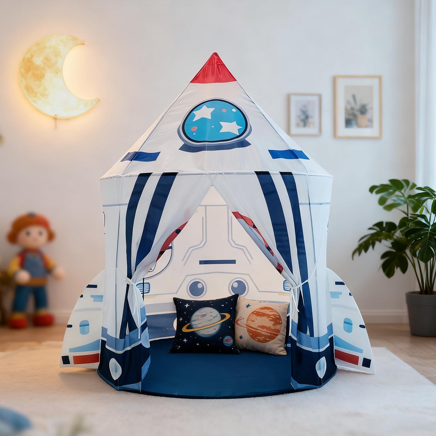 Rocket Ship Astronaut Playhouse, Kids Space Discovery Teepee with Windows, Foldable Indoor Outdoor Play Tent for Boys Girls, Toddler Adventure Room Decor