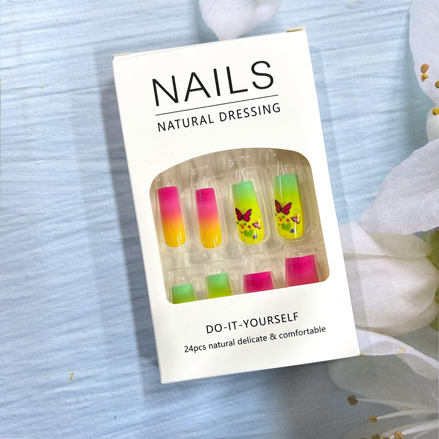 Colorful Butterfly Press on Nails Medium Ballet Shaped Flower False Nails Colorful Gradirent Acrylic Nails Full Cover Butterfly Stick on Nails Glossy Glue on Nails Artificial Nails for Women 24Pcs