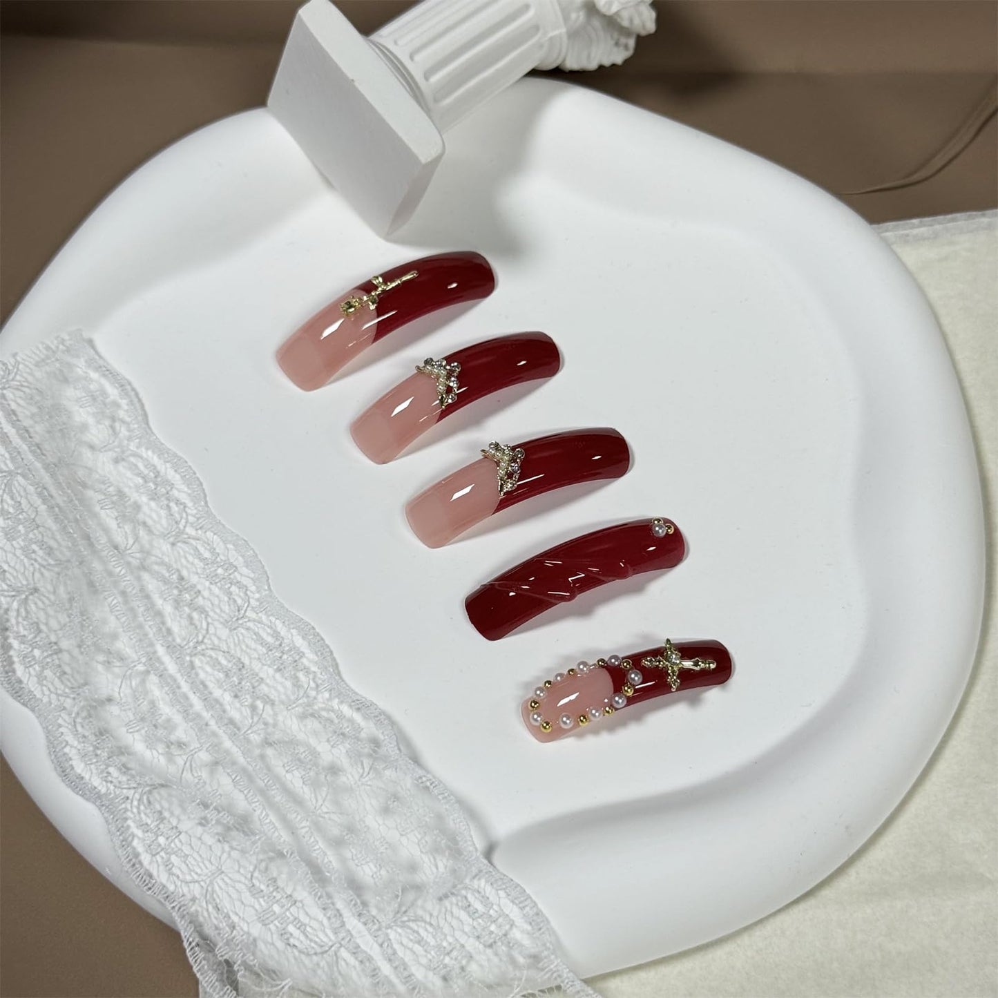 IMSOHOT Extra Long Press on Nails Curved Long Fake Nails Wine Red French Nail Tips, Golden Charms, Glossy, Acrylic False Nails Full Cover Handmade DIY Glue on Nails