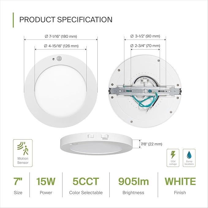 ASD LED 7" Round Flush Mount Ceiling Light Fixture, Low Profile Surface Lighting | 5CCT, Motion Sensored, Ultra-Thin, ETL Listed | 15W 900LM 2700-6000K 120V | Kitchen, Bedroom, Hallway Lamp | White