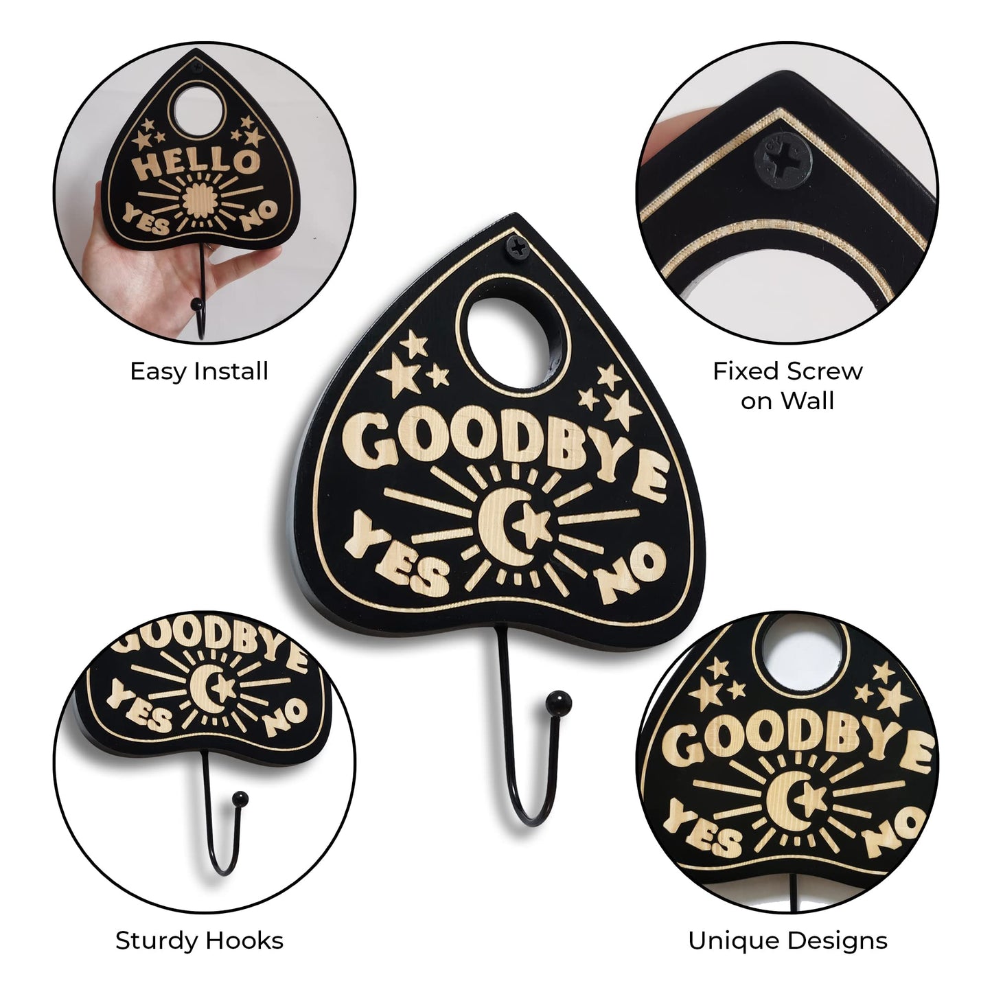 Ella & Emma Wall Mounted Coffin-Shaped Key Holder - Planchette/Hamsa Hand Key Holder, Gothic Home Decor Wall Hanger with Hook -Spooky Halloween Decor for Home - 2 Pieces (Planchette)