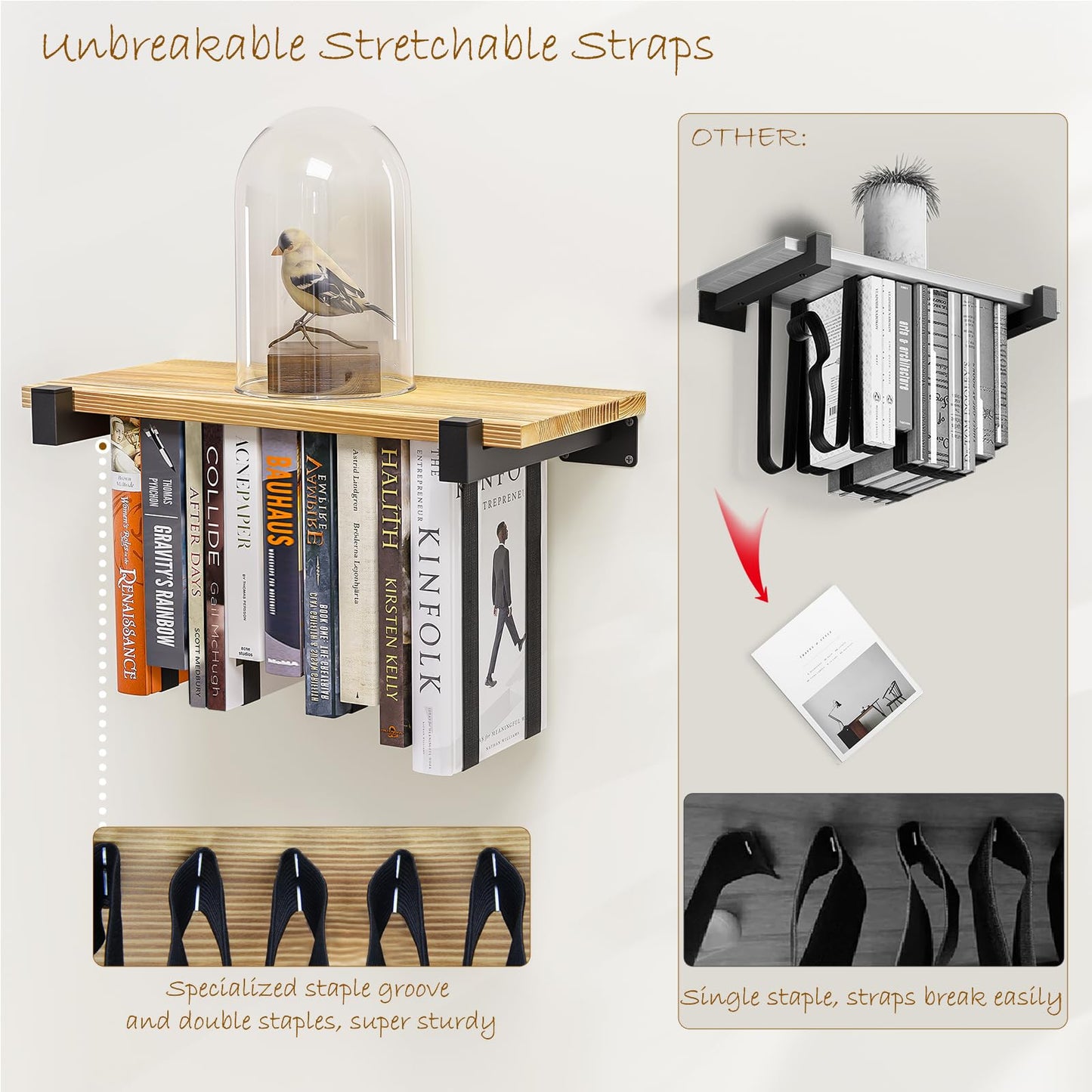 NANATI 2 Set of Floating Bookshelf, Pine Wood Invisible Bookshelf, Hanging Bookshelves for Wall, Unique Space Saving Wall Bookcase (16.5L×8.7W×1.5H)