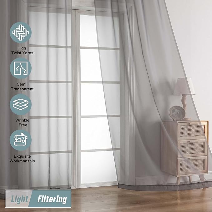 Grey Sheer Curtains for Window 96 Inches Long 2 Panels, Light Filtering Voile Sheer Curtains for Living Room Bedroom, Dual Rod Pocket Elegant Window Drapes, Charcoal Grey, 2x42Wx96L Inches