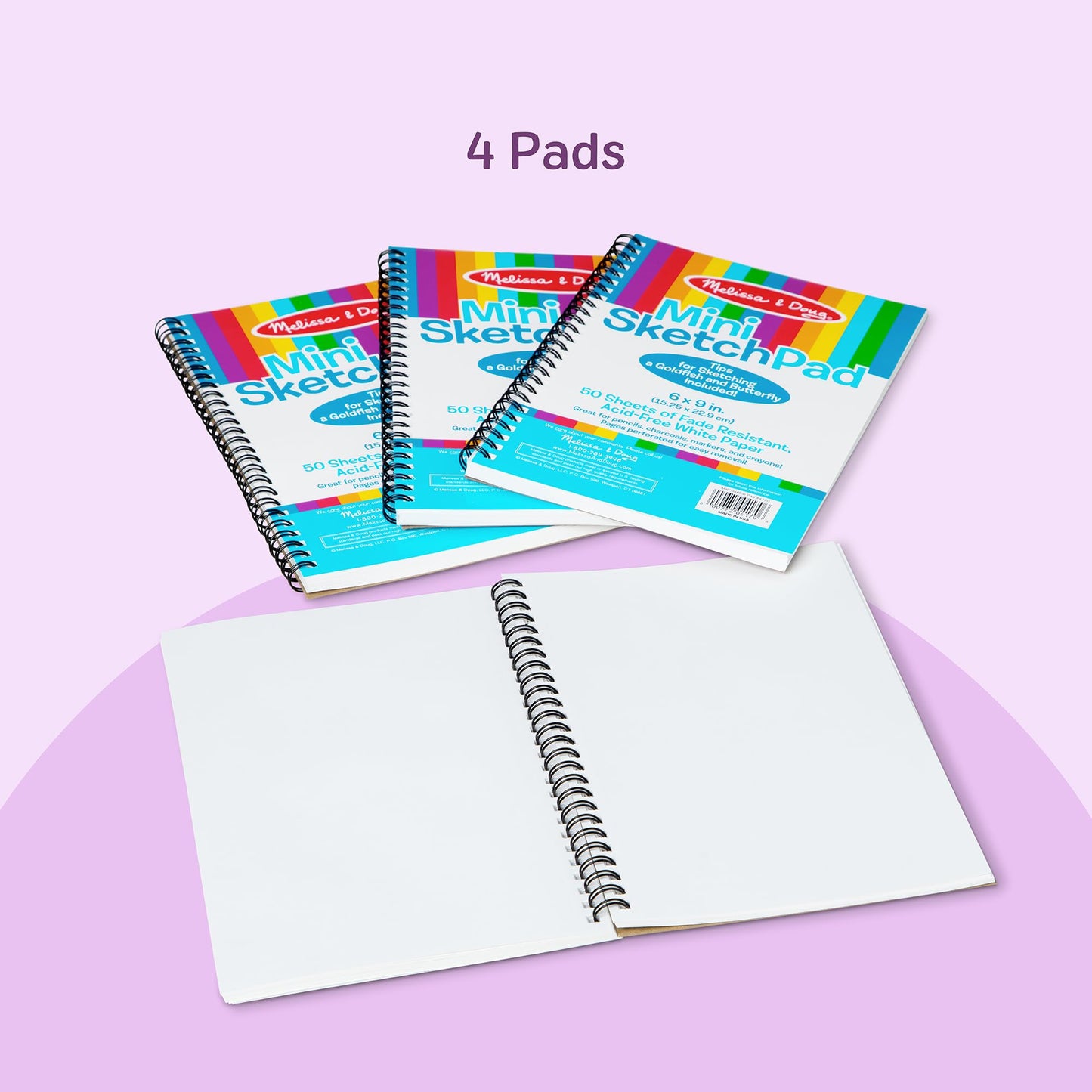 Melissa & Doug Mini-Sketch Spiral-Bound Pad (6 x 9 inches) - 4-Pack Sketch Book for Kids, Kids Drawing Paper, Drawing and Coloring Pads