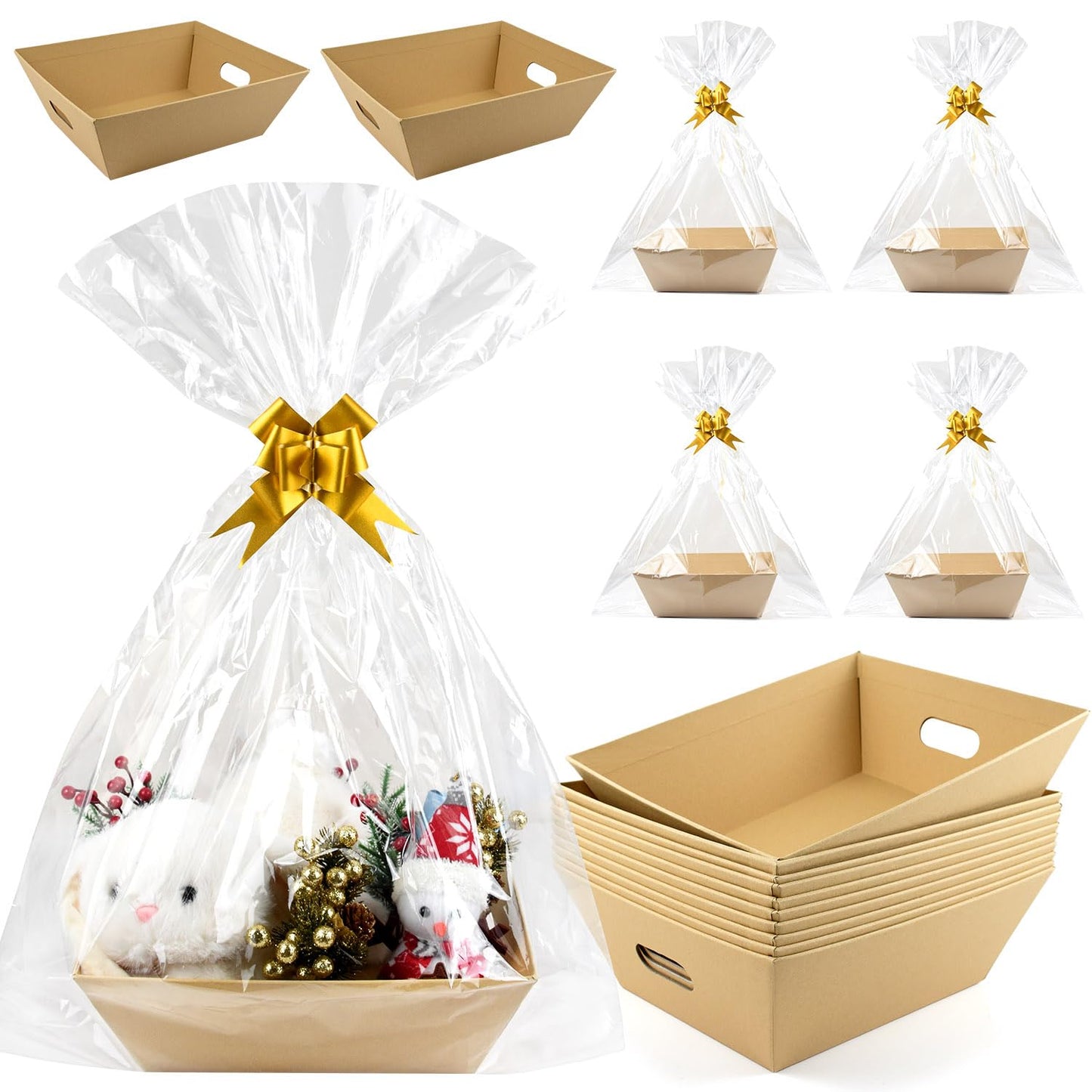 CDIVEFTN 10 Pack Empty Gift Baskets with Bags and Bows, Large Kraft Gift Basket 12x10in, Sturdy Gift Baskets Empty to Fill, Bulk Baskets for Gifts, Easter Basket, Christmas Gift Boxes Bulk (Kraft)