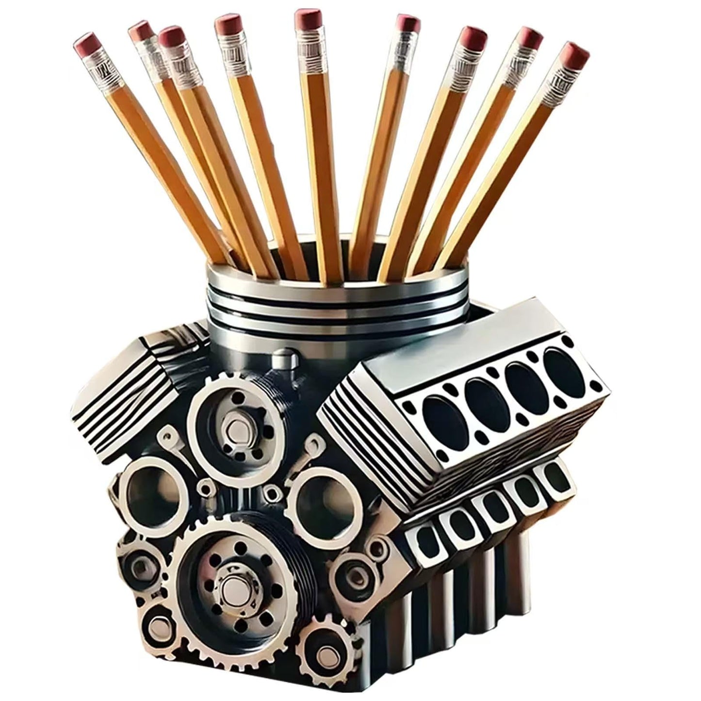 Tizee V8 Engine Model Pen Pencil Holder - Creative Desk Organizer for Home Office| Resin Desktop Stationery Storage with Compartments | Gift for Car Enthusiasts, Mechanics, and Engineers (Silvery-A)