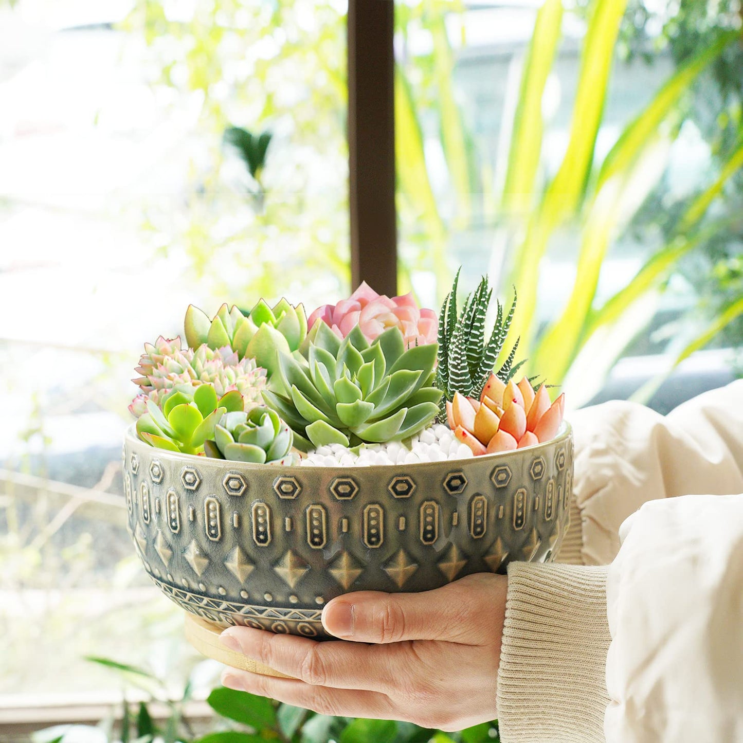8 Inch Ceramic Succulent Planter Pots with Drainage Hole Flower Pot for Indoor Plants Round Shallow Bonsai Pot with Bamboo Tray Blue