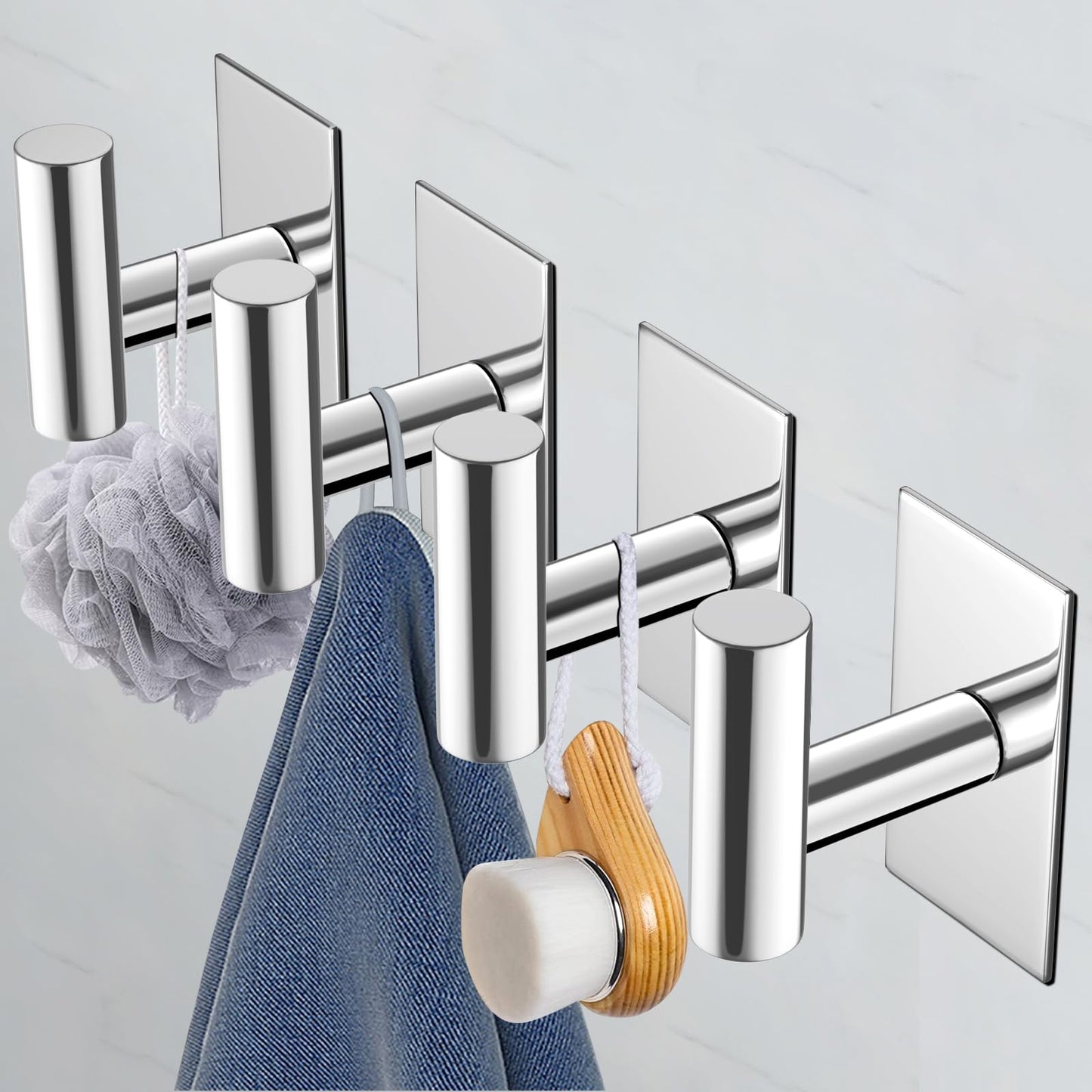VAEHOLD Wall Towel Hooks, Heavy Duty Sticky Holder Waterproof Towel Hooks for Hanging Coat, Clothes, Closet Hook Wall Mount for Kitchen (Chrome, 4 Pack)