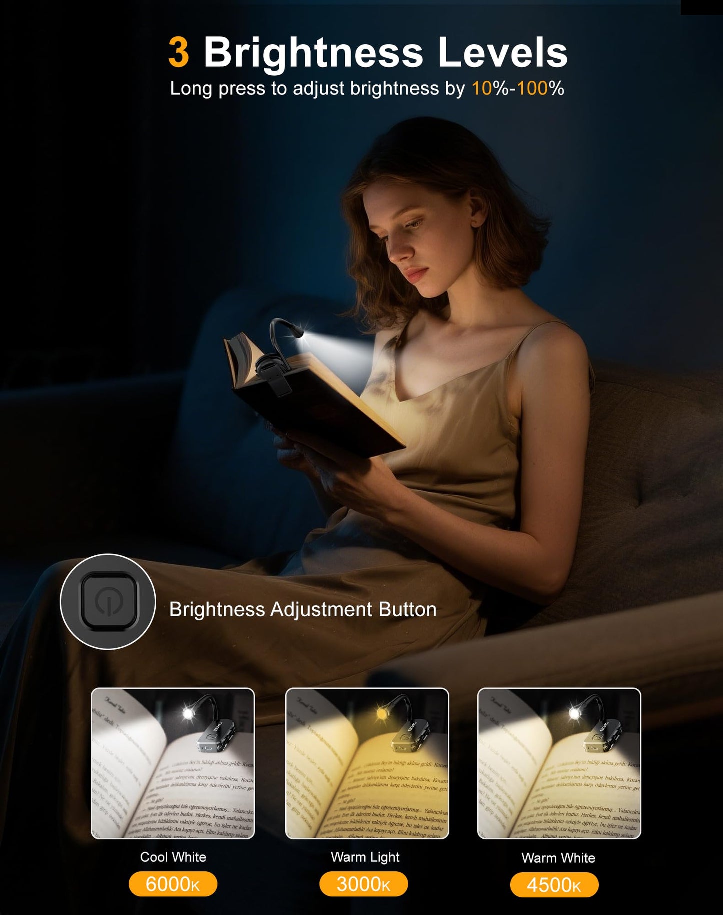 Siuyiu Extendable Book Lights for Reading at Night, Rechargeable Clip on LED Reading Light - 3 Color Temperatures with Stepless Dimming, 80 Hrs Runtime Lightweight Clip on Light for Book Lovers