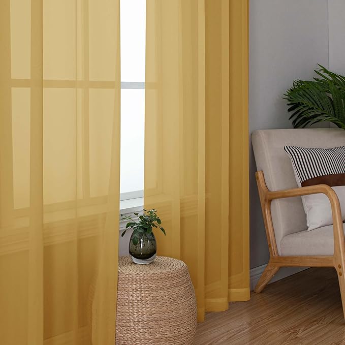 Chyhomenyc Gold Sheer Curtains 63 Inch Length 2 Panels, Rod Pocket Solid Window Sheer Curtain Panels, Elegant Curtains & Drapes for Living Room Bedroom 2 Panels (Gold, 42 W x 63 L)