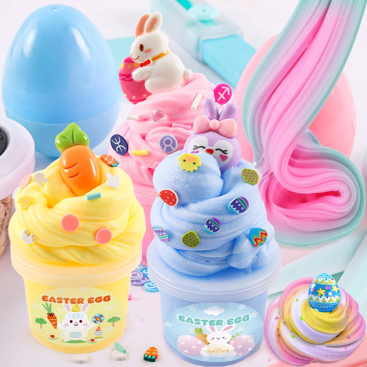 KUALUDJIT 8Pack Butter Slime kit for Kids,Easter Basket Stuffers Party Favors Stretchy and Non-Sticky, Sensory Play Kit and Easter Basket Fillers Slime and Charms - Prefilled Eggs
