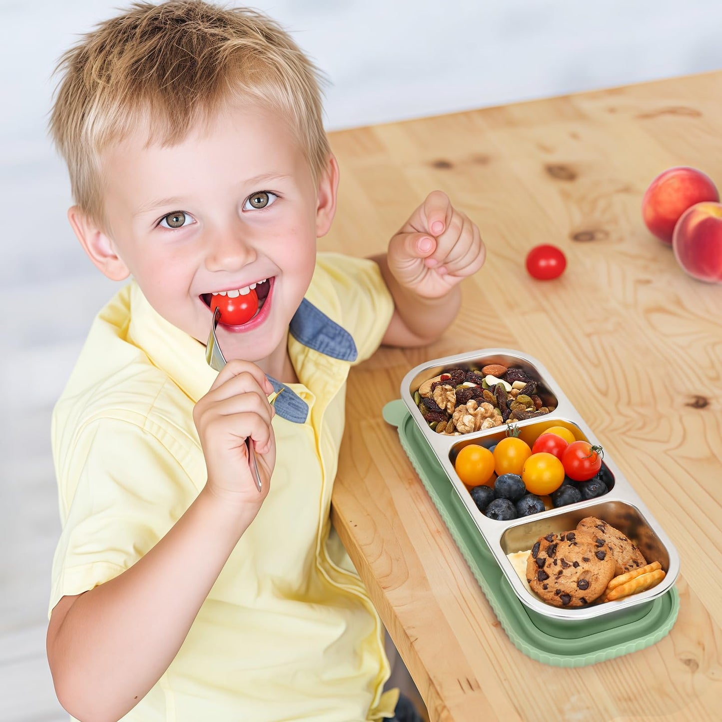 suhunide ﻿ 3 Compartment Stainless Steel Snack Containers ，Reusable Snackle Box Container with Leakproof Lids Metal Bento Lunch Boxs Food Storage Containers for Travel Picnics Office