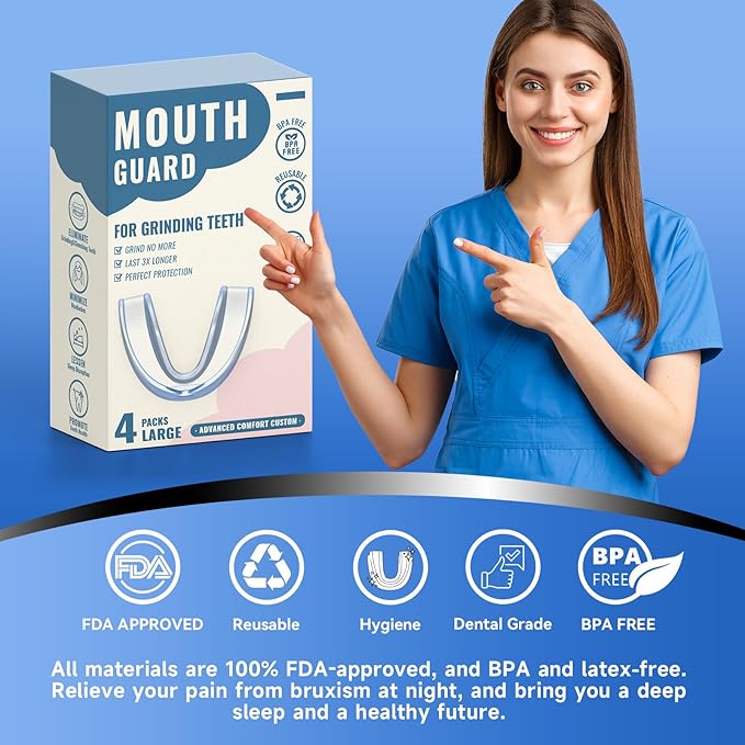 4 Pack Blue Mouth Guards for Women and Men, Large Size, Moldable Night Guards for Teeth Grinding and Clenching, Comfortable Bite Guards, Stylish Custom Dental Guards for Protection