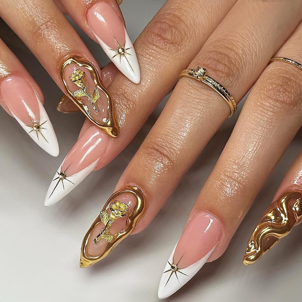 Gold Press on Nails Medium Almond Fake Nails French Nails Press ons with Gold Rose Charm Design Reusable Artificial Nail Full Cover Glue on Nail Stick on Nails for Women Manicure 24Pcs