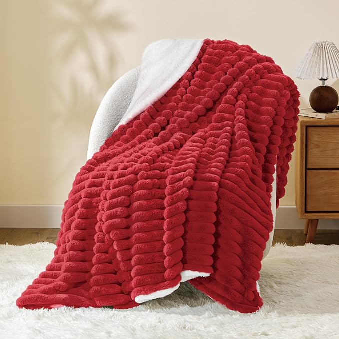 INFIIXSO Sherpa Throw Blanket for Couch - Super Soft & Warm Striped Fleece Blanket, Cozy Plush Fluffy Blanket All Season Use (Red, 60x80 Inches)