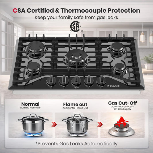 GASLAND 30'' Gas Cooktop Black, 5 Burner Propane Stove Top, Built-in Gas Cooktops NG/LPG Convertible, Plug-in with Thermocouple Protection, CSA Certified, Black