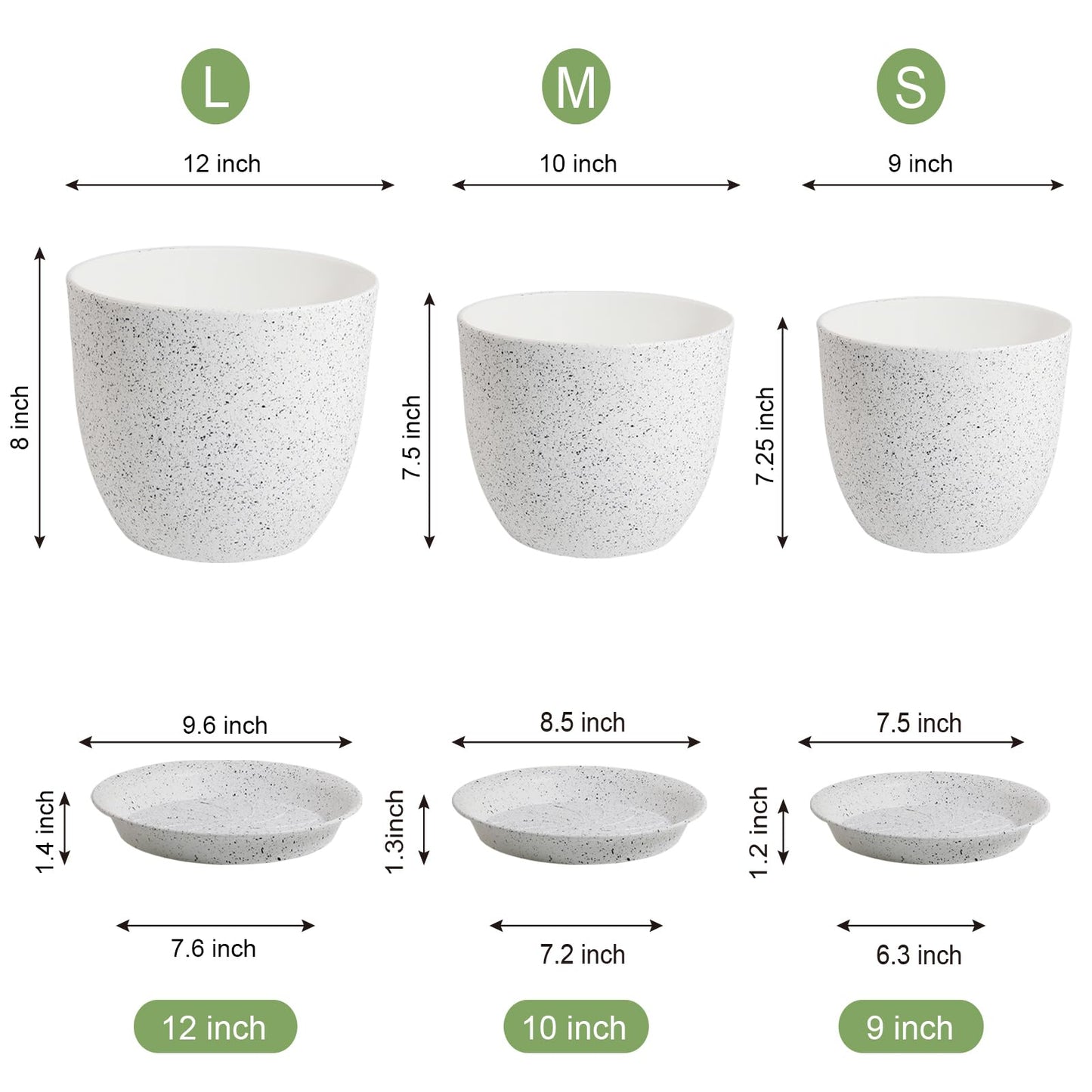 UOUZ 12/10/9 Large Modern Plant Pots, Plastic Planters with Drainage Holes and Saucers for Indoor Outdoor Plants Flowers, White Speckles