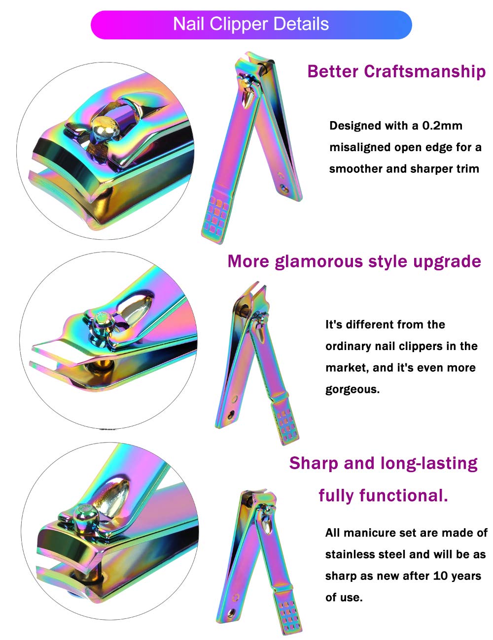 Rainbow Manicure Kits 18 Pcs Nail Clippers for Women Gift SFYDOM Women's Rainbow Leather Manicure Set (18-RainbowManicure Kits)