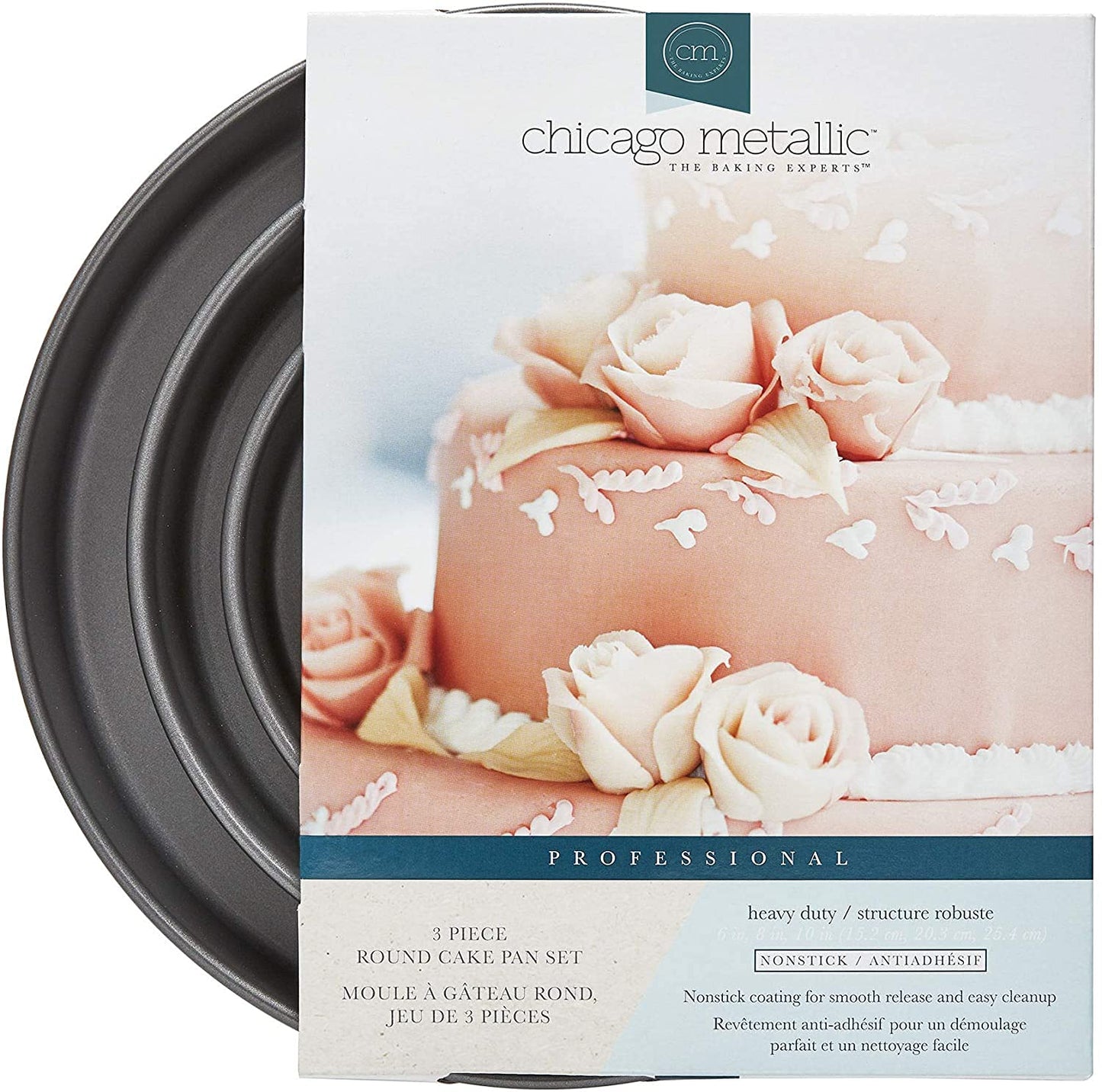 Chicago Metallic Professional 3-Piece Round Cake Pan Set - 6, 8, and 10 Inch Nonstick Carbon Steel Baking Pans, 2 Inches Deep, for Layered Celebration Cakes and Tiered Desserts