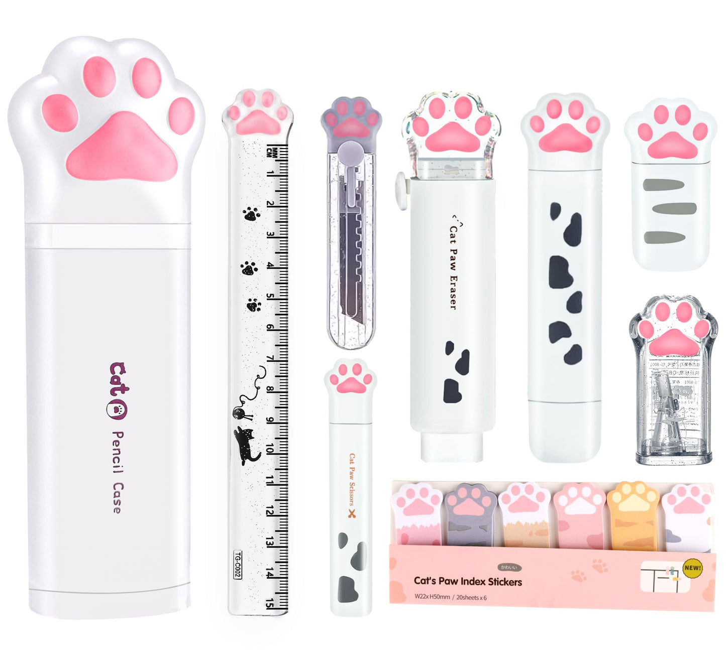 Cute School Supplies,Stationary Gift Set, Japanese Stationery Birthday GIFS, Includes Pencil Sharpener,Eraser, Correction Tape, Ruler, Mini Scissors,Utility Knife, for Office School Supplies (White)