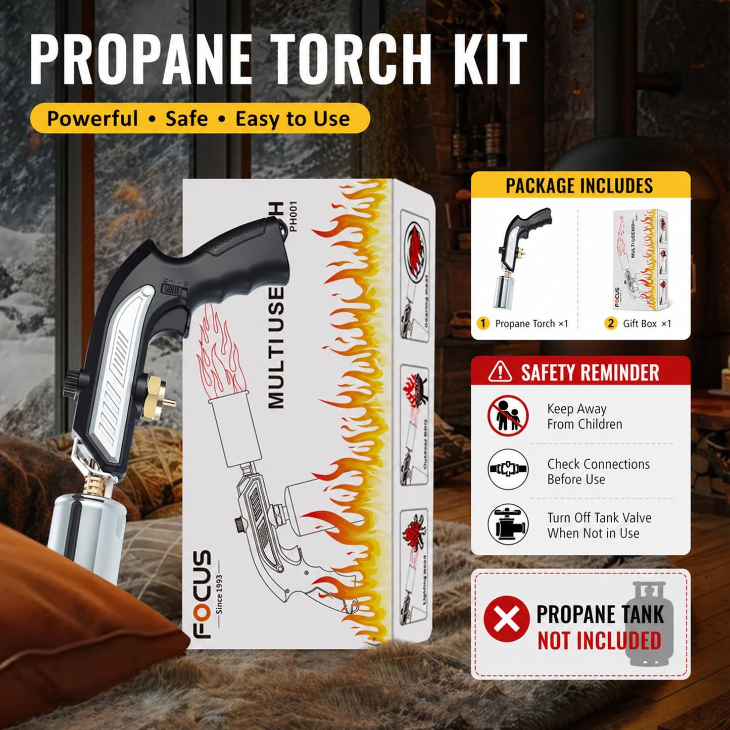CYJBAO Propane Torch Head with Adjustable Flame & Safety Lock - Heavy Duty Brazing Burner for Soldering, BBQ Grill, Charcoal, Fire Starter, and Culinary Cooking (Tank Not Included)-Black Silver