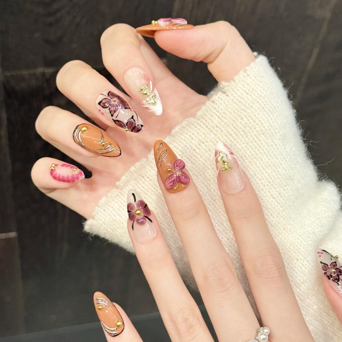 NLSJMP handmade nails press on Salon Quality flower orange gold white pink cute Reusable almond hand-painted gentle acrylic 3D fake nails designed kit,10 Nails, Size M #3330