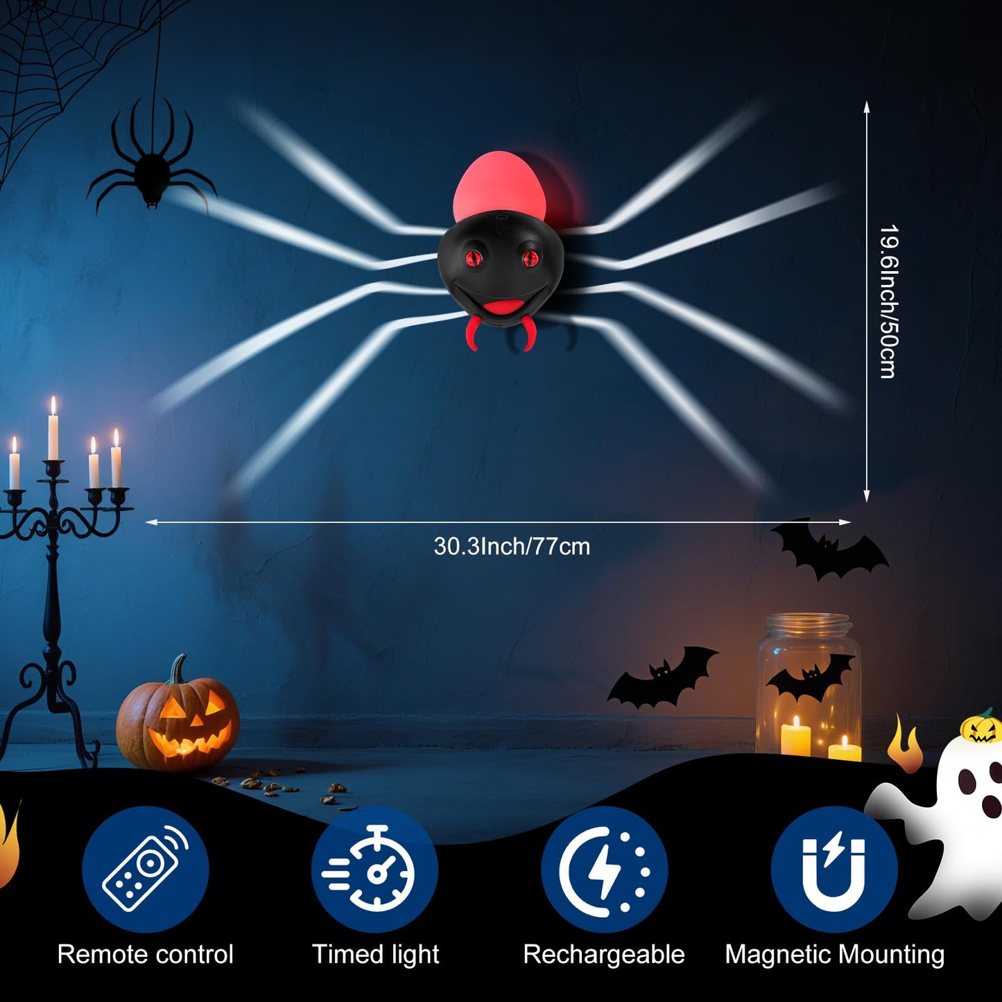 Halloween Decorations Spider Wall Light, Indoor LED Spiders Lights with Remote Control，Magnetic Wall-Mounted Spider Light Creates a Scary Atmosphere for Homes, Living Rooms and Bedrooms(Black)