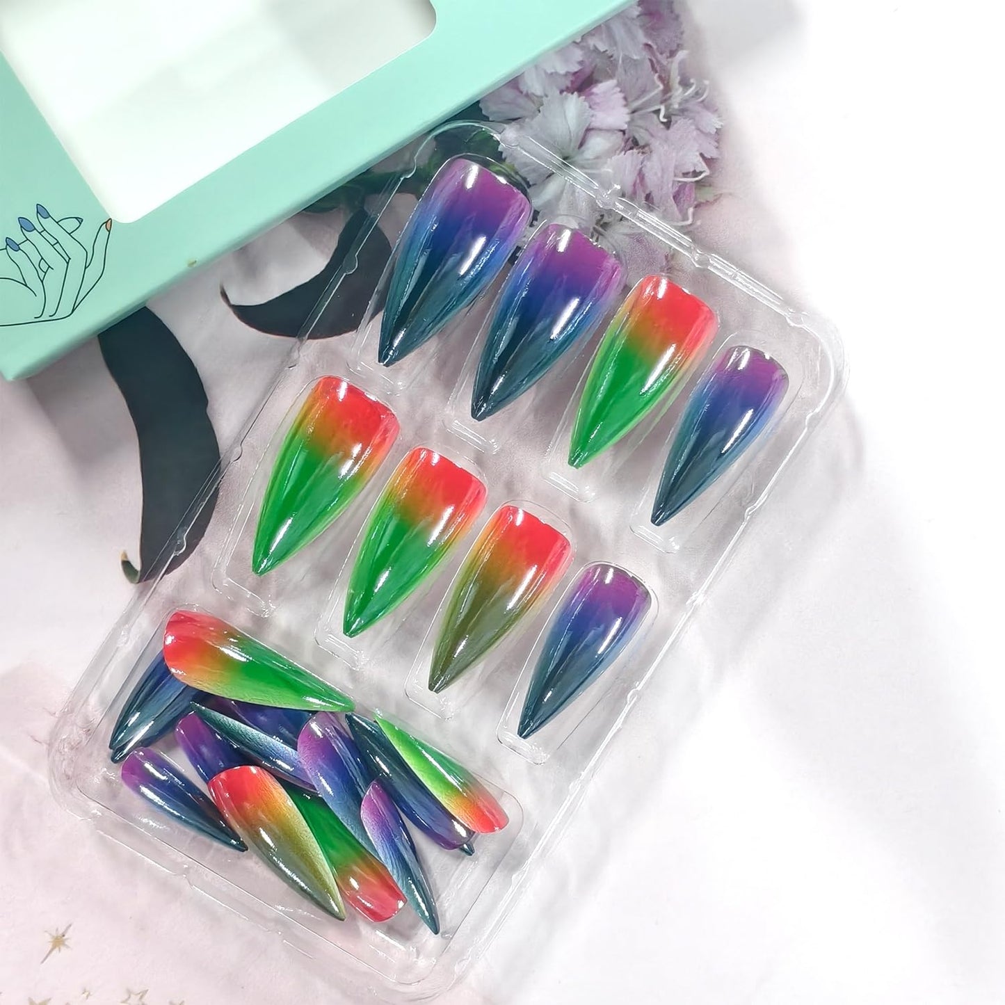 CJDLTS Multicolor Press on Nails Medium Artificial Almond Acrylic Gradient Rainbow False Nails Solid Color Chrome Reusable Full Cover Glossy Press Ons Artificial Fingernails for Women Manicure 24Pcs