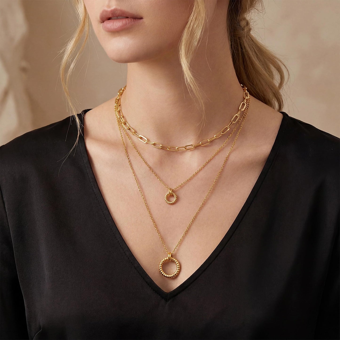 CUFELMU Gold Layered Necklace Set for Women 3 Pcs Chain Choker Circle Pendant Necklaces Trendy Stackable Jewelry Gift