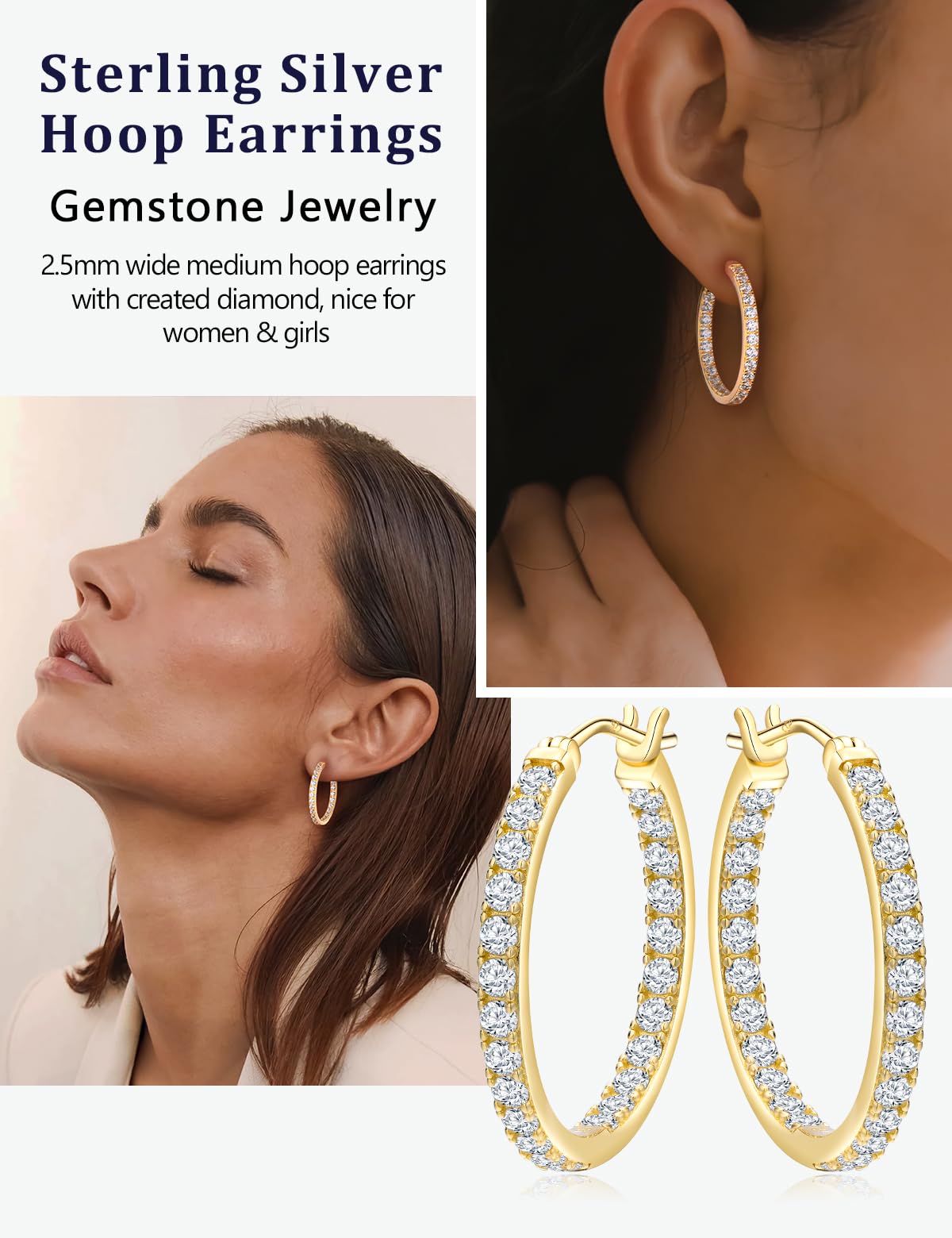 RANDES 14K Gold Plated Cubic Zirconia Hoop Earrings Trendy Sterling Silver Post Cretaed Diamond Earrings 26mm Medium Hoop Earring Wedding Jewelry