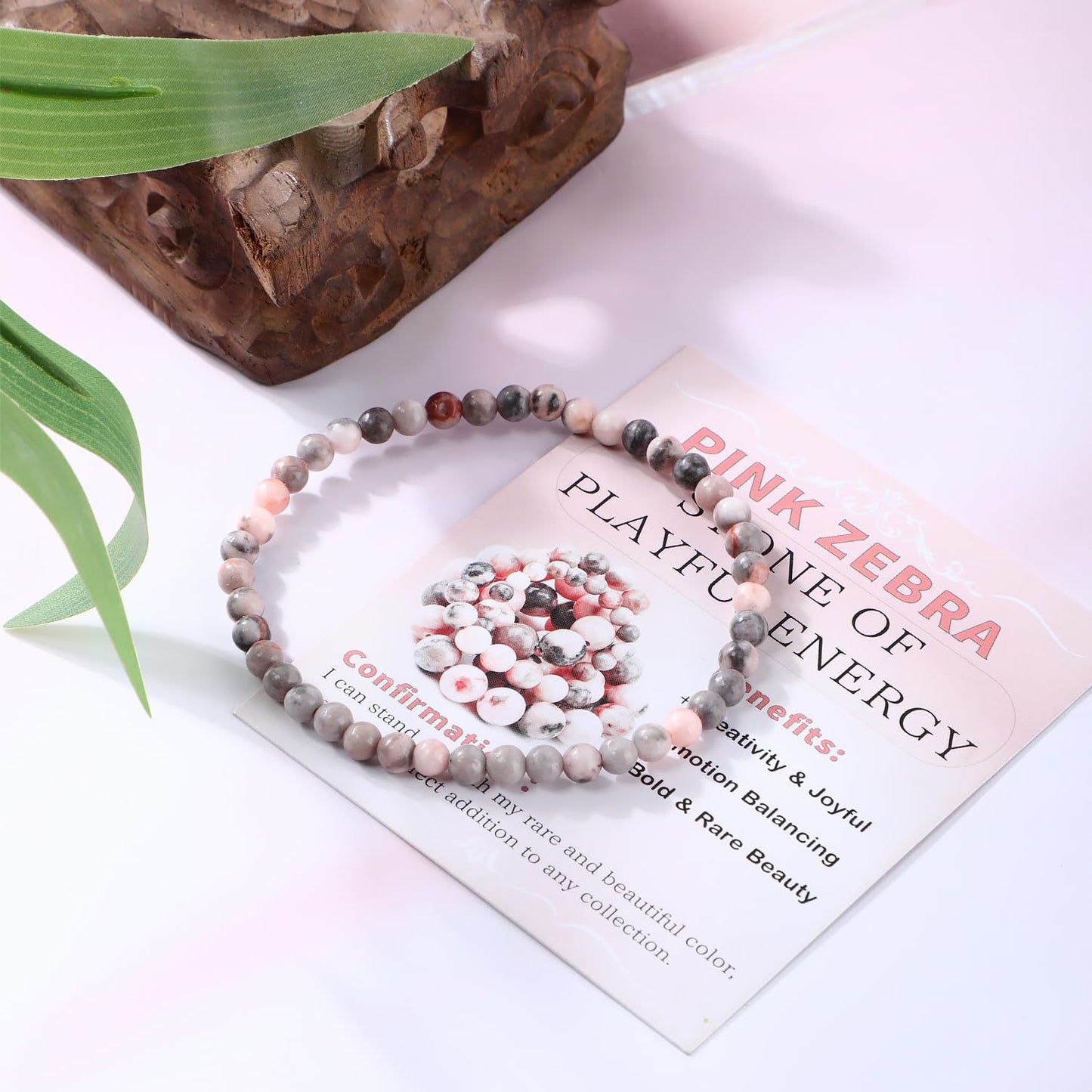 Bymitel 4mm Pink Zebra - Handmade Reiki Gemstone Stretch Bracelet, Natural Beauty & Spiritual Essence, Crystal Healing for Unisex Adults