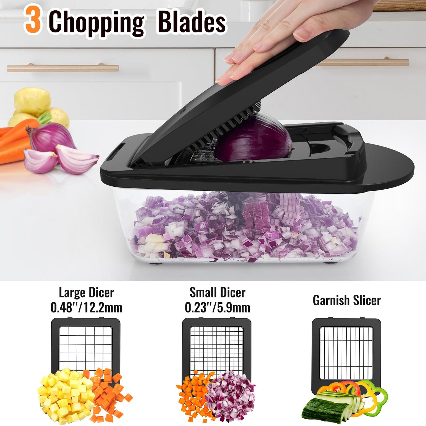 8 Blade All-in-1 Vegetable Chopper Mandoline Slicer with Container, Food Chopper, Onion Chopper, Veggie Cutter for Salad, Kitchen Gadgets Accessories Essentials, Black