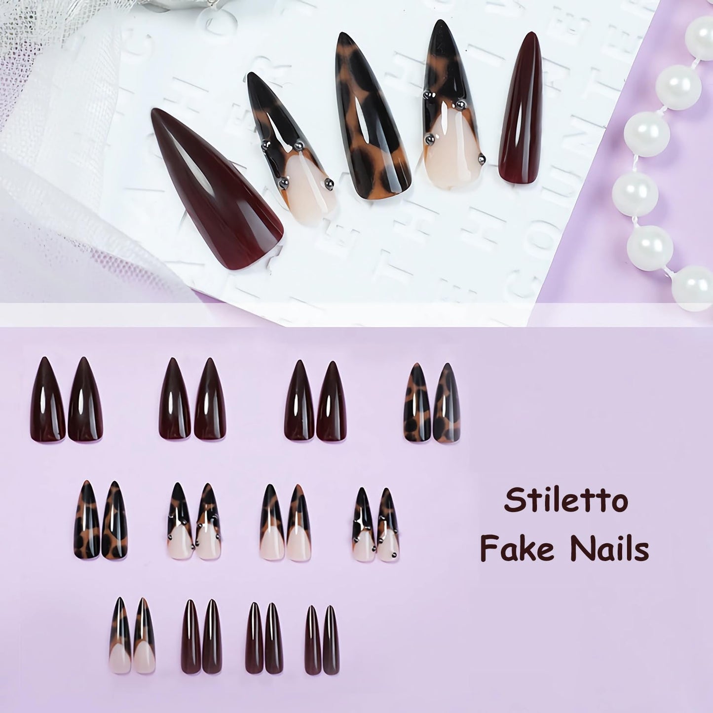 MISUD Press on Nails - Long Stiletto Glue on Nails with Fall Brown, Acrylic Tortoise Design 24 pcs