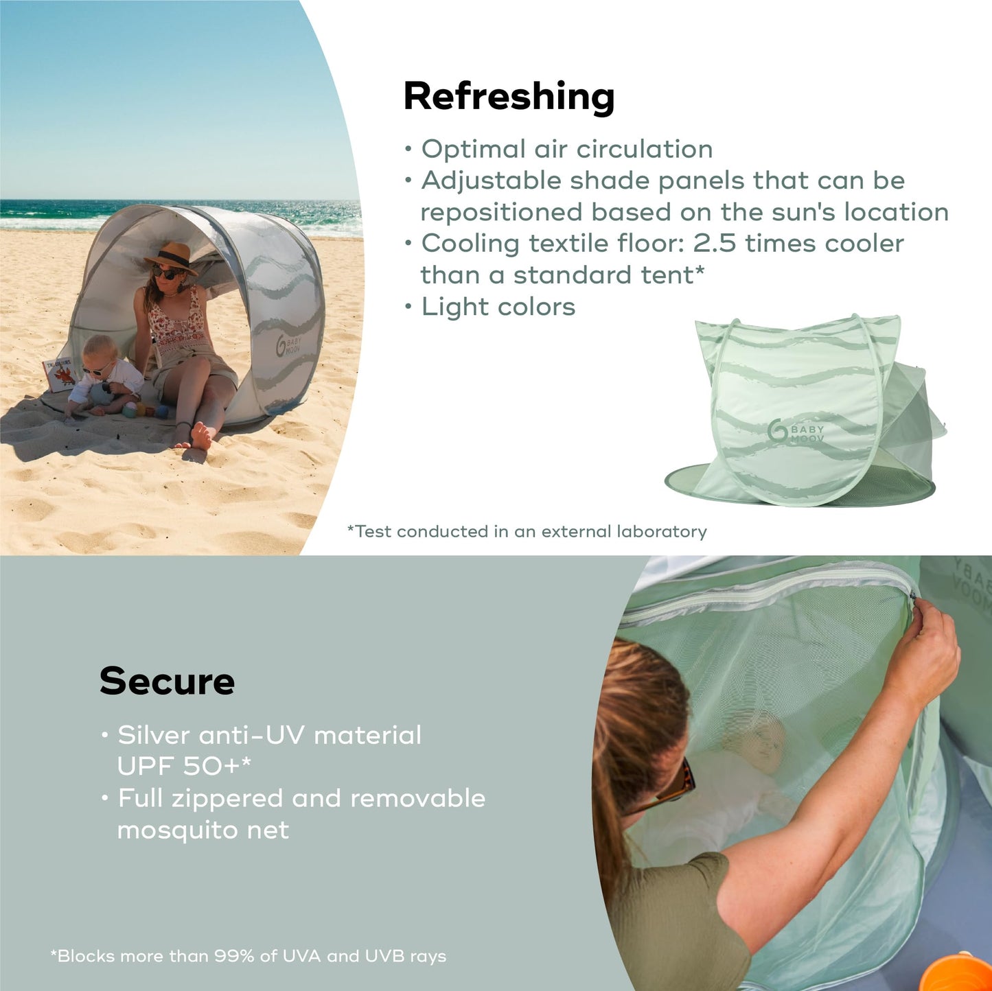 Babymoov Moov & Protect Anti-UV Cooling Beach Tent for Babies with Integrated Mosquito Net, Portable, Green Lagoon (Summer 2025 Edition)