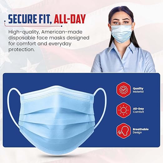 Amerishield ASTM Level 2, Made in The USA, Disposable Face Mask, FSA/HSA Eligible, 3 Layer, Breathable & Comfortable for Allergy and Sun Protection, 100 Pack