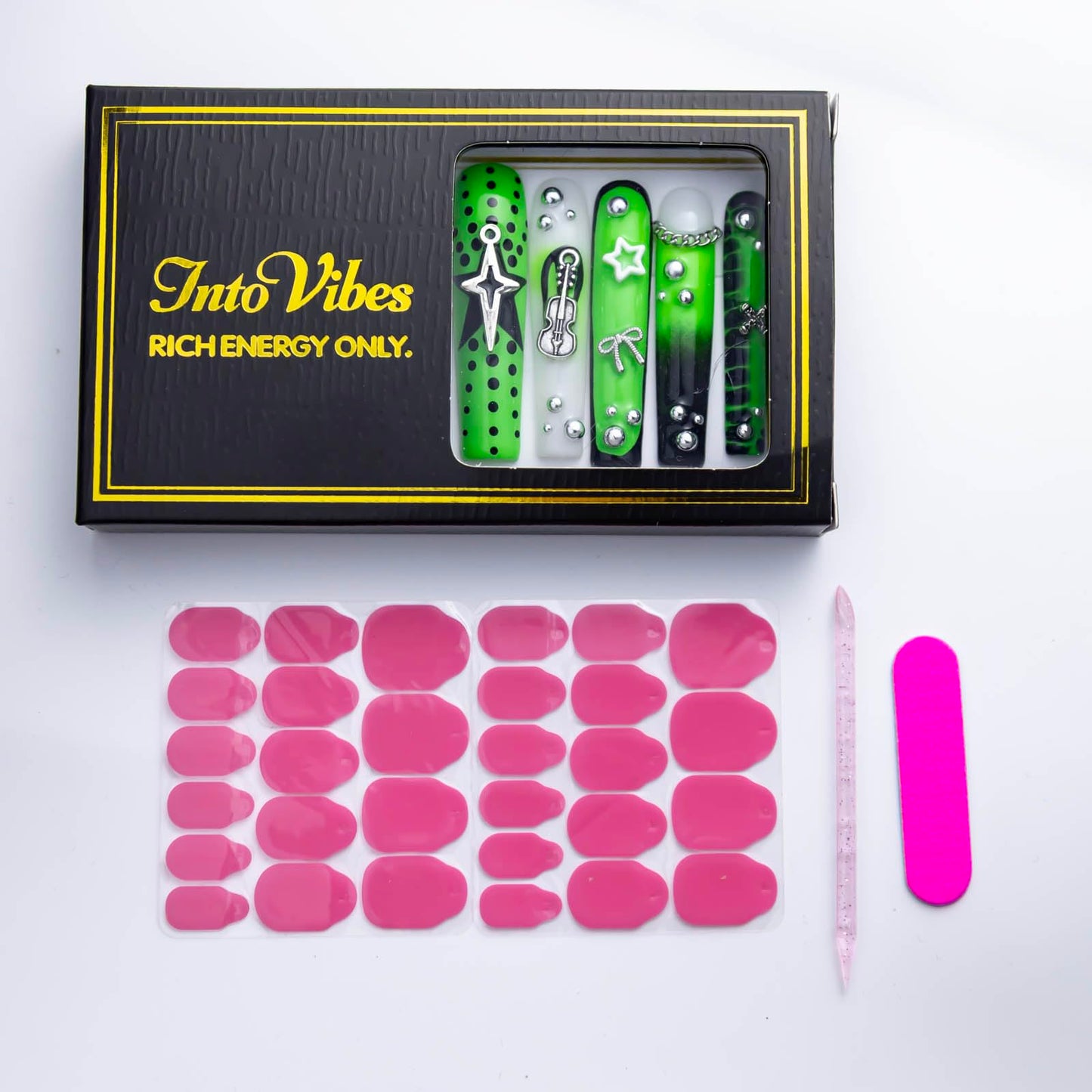IntoVibes 10 Pieces Handmade Luxury Punk Style Long Press On Nails With Square Design, Guitar And Bow Tie, Green Thickened False Nails, Reusable Fake Nails, Acrylic Nails (M)
