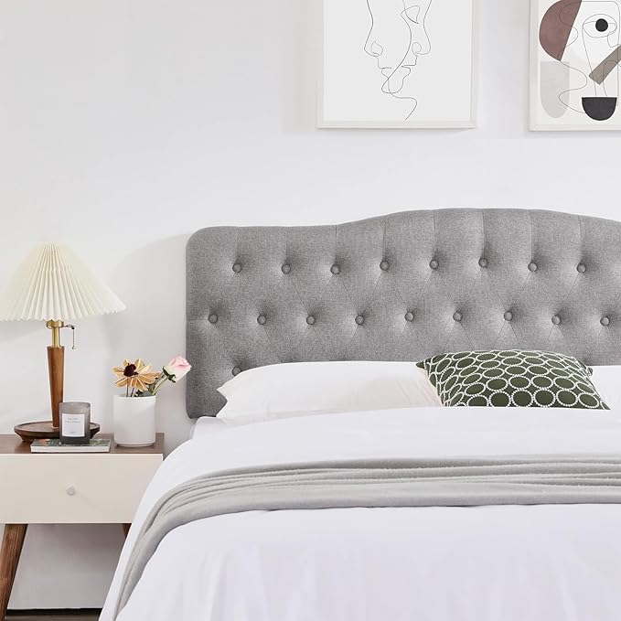 Upholstered Headboard, Button Diamond Tufted Headboards with Adjustable Height and Solid Wood Leg, Linen Fabric Padded Headboard for King Size Bed, Mordern Head Board (Grey, King)