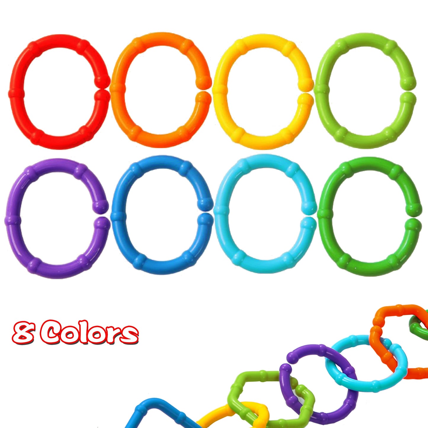 RAINBOW TOYFROG Baby Links Rings - 35 Geometric Linking Chains for Infants & Toddlers - Safe Teething and Sensory Development Toys - Car Seat & Stroller Accessories