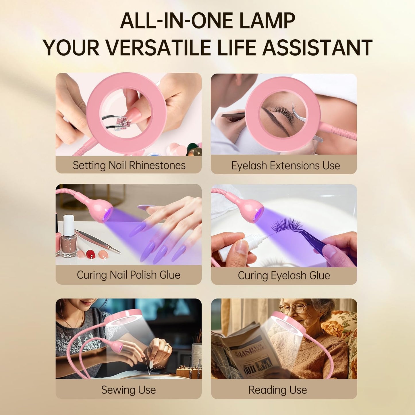 AORAEM LED UV Nail Lamp: Double-Headed Gooseneck Lamp for Gel Nails, LED Flash Cure Light with 6X Magnifier Home DIY Salon, Pink