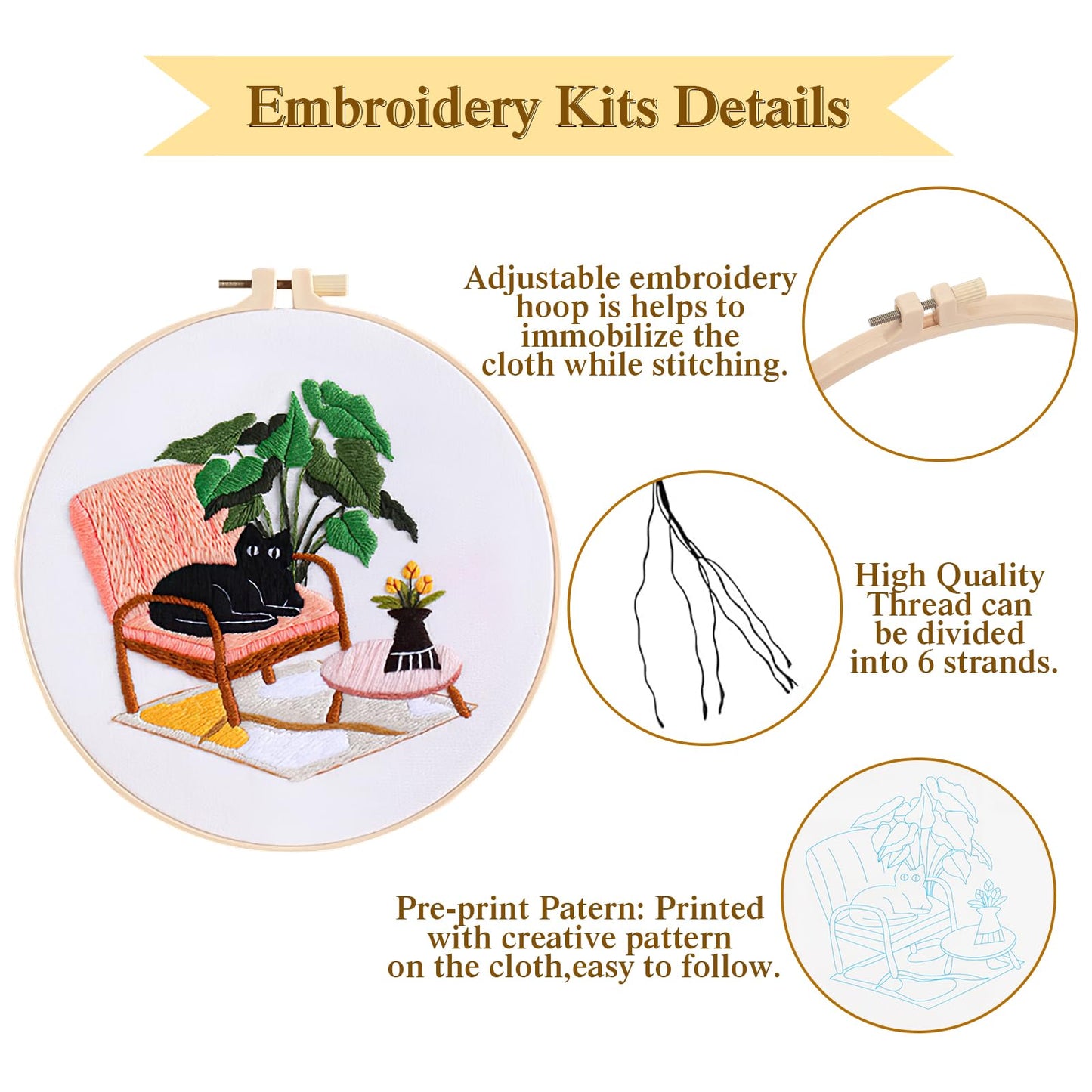 LOMOHOO 4 Sets Cat Embroidery Kit for Beginners, Cute Cat Pattern, Starter Craft DIY Embroidery Sets (Black Cat)