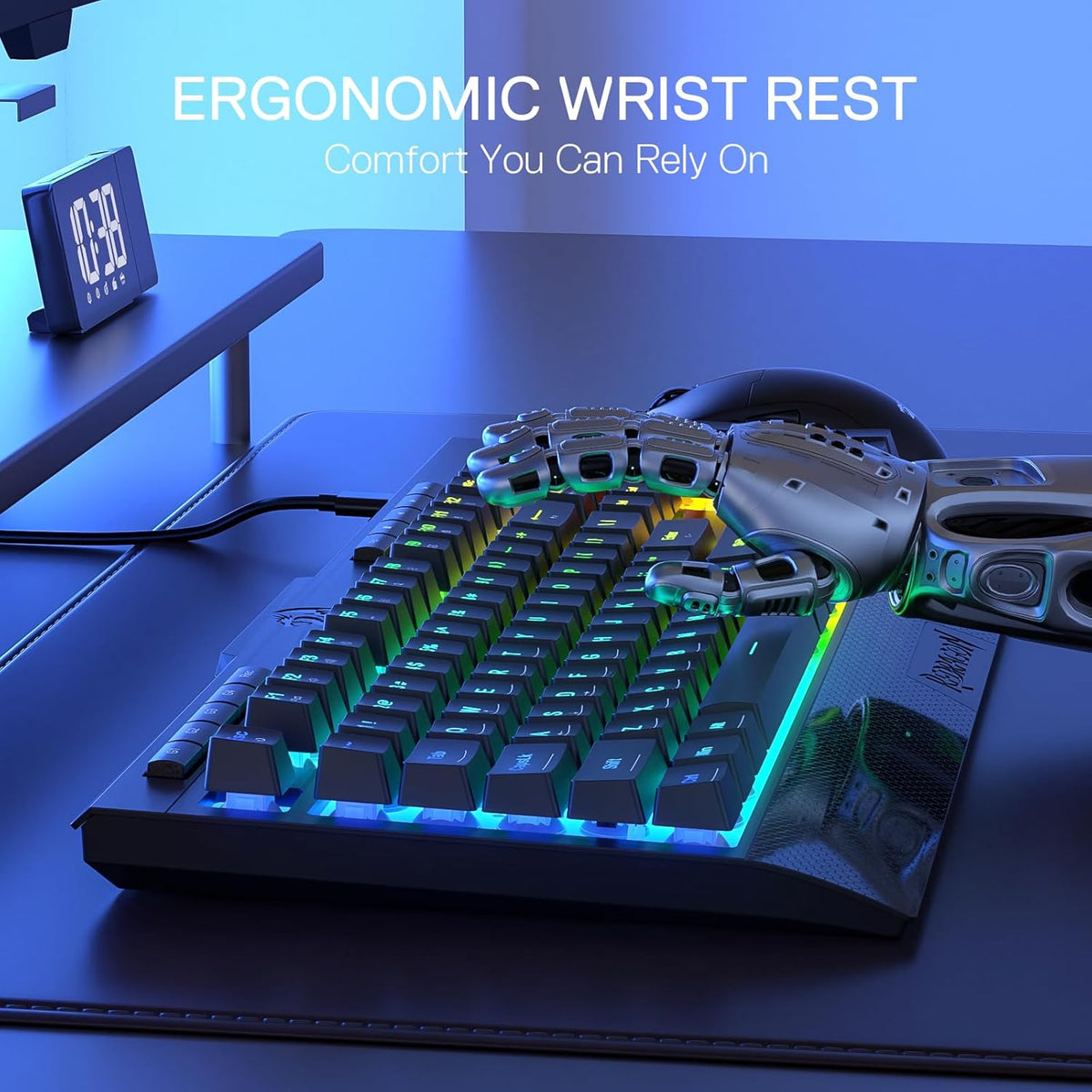 Redragon K525 RGB Backlit 104 Keys Wired Membrane Gaming Keyboard w/ 5 Multimedia Keys & 4 Extra On-Board Macro Keys, Dedicated Media Control, Ergonomic Wrist Rest, Linear Mechanical-Feel Switch