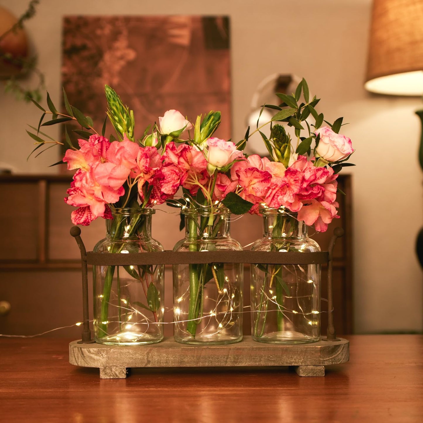 Funsoba Vase Set with Flower and LED Lights, 3 Glass Mason Jars with Artificial Peony Flowers, Rustic Gray-Washed Wood Tray, Farmhouse Table Decor