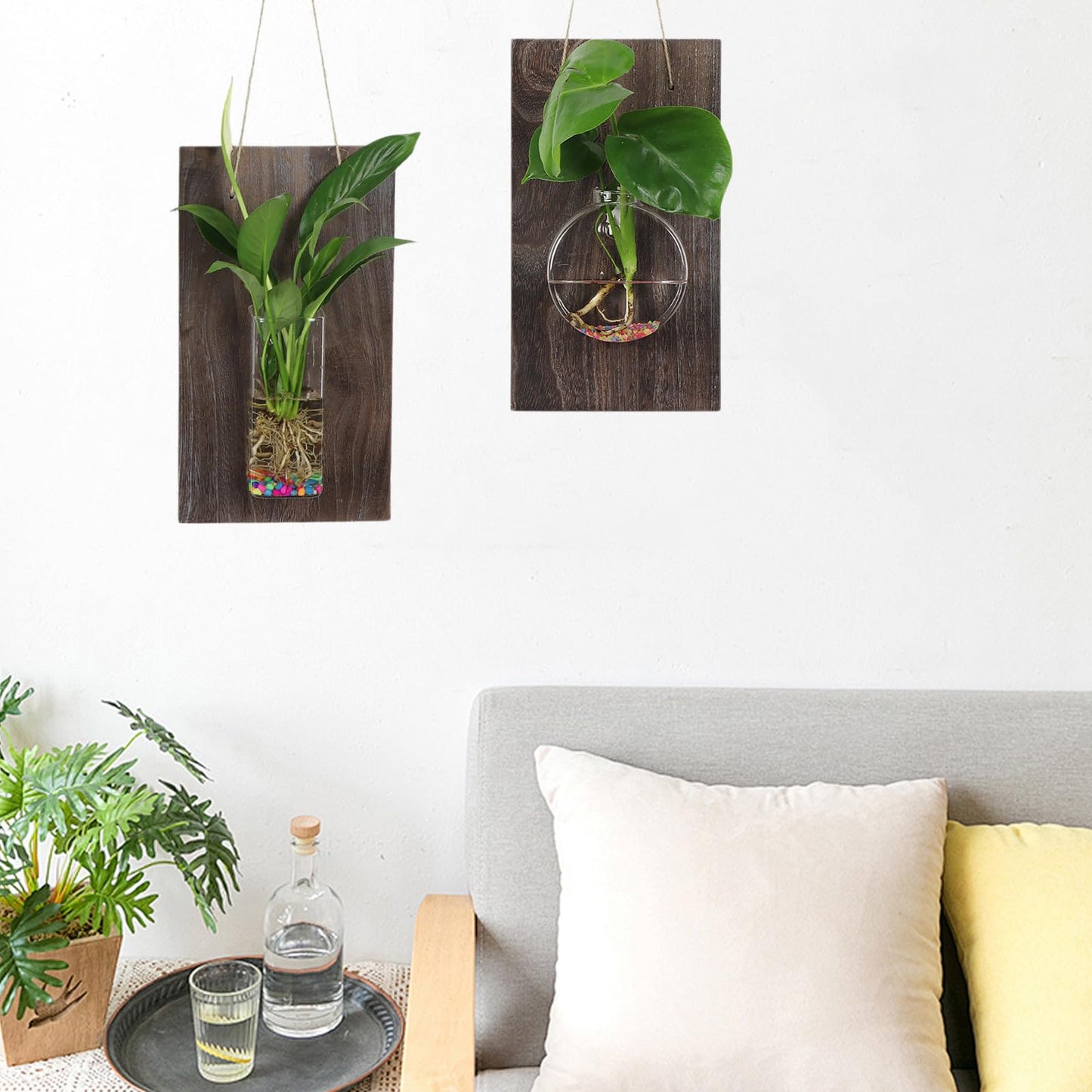 Marooma 2 Pcs Wall Hanging Glass Vases, Solid Wood Wall Mounted Glass Vase, Clear Terrarium Display Vase for Hydroponic Flowers Plants, Home Office Garden Decor (A)
