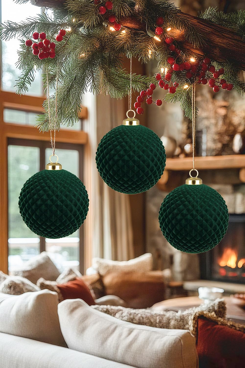 Velvet Christmas Ball Ornaments Set - 6 Pcs 4" Large Hanging Ball Christmas Tree Decorations Green Shatterproof Luxury Decor with Hanging Strings for Xmas Tree Decor Halloween Holiday Home Party
