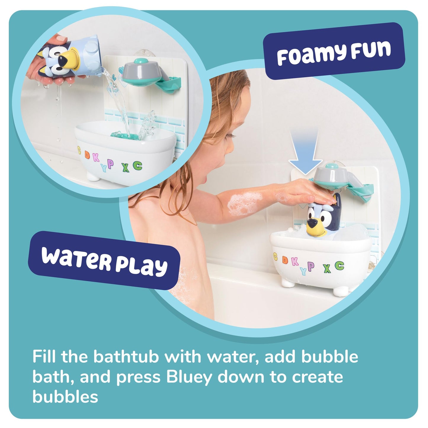 Shower & Scrub Bluey by TOMY Toomies - Create Your Own Bubbles - Includes Rinsing Showerhead and Removable Bluey Toy - Interactive Bath Toys - Ages 18 Months and Up