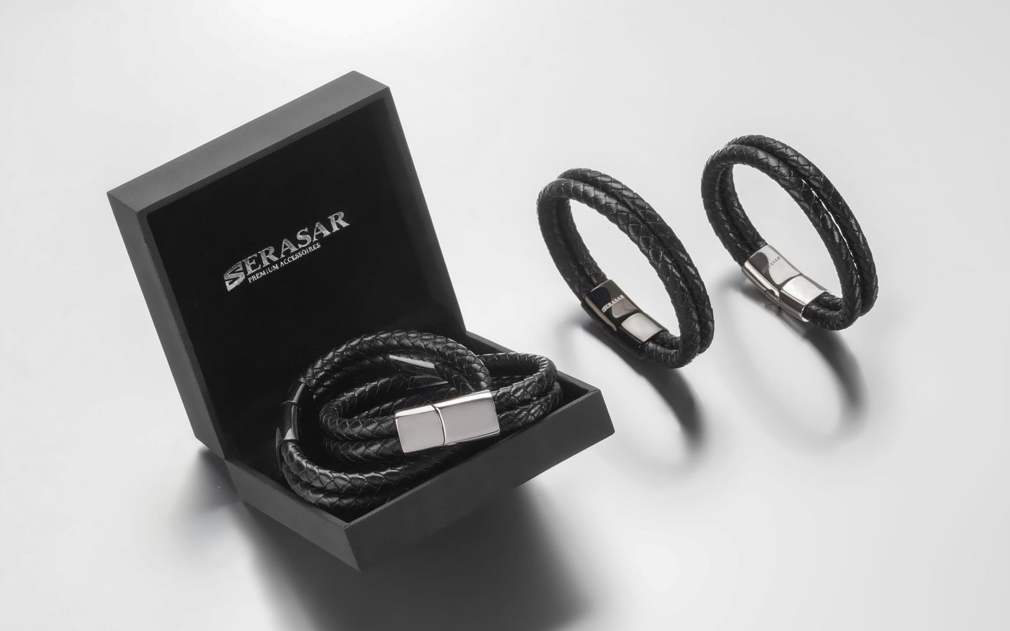 SERASAR Bracelets for 17cm Silver Gift Box Genuine Leather Cowhide Braided Adjust Able Magnetic Clasp Multi Layer Jewellery Manacle Mans Male Mens Band Jewelry Accessories